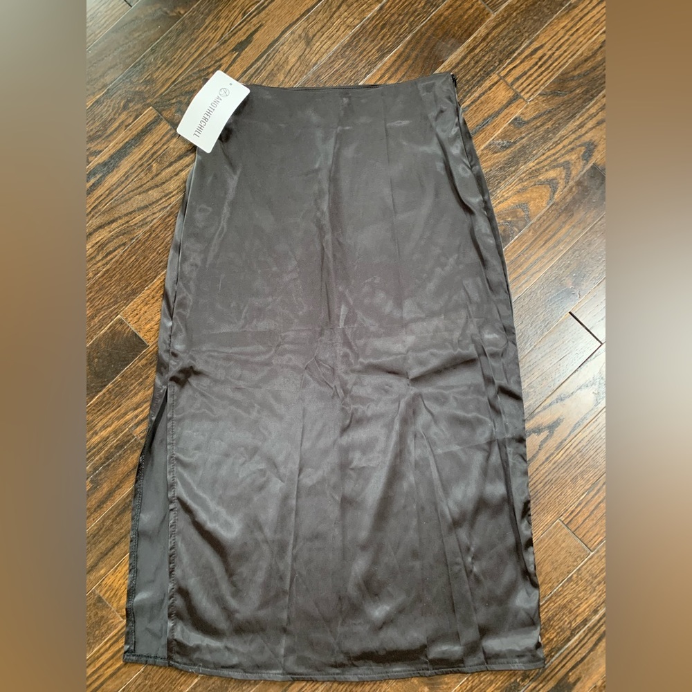 Black satin midi skirt with slit